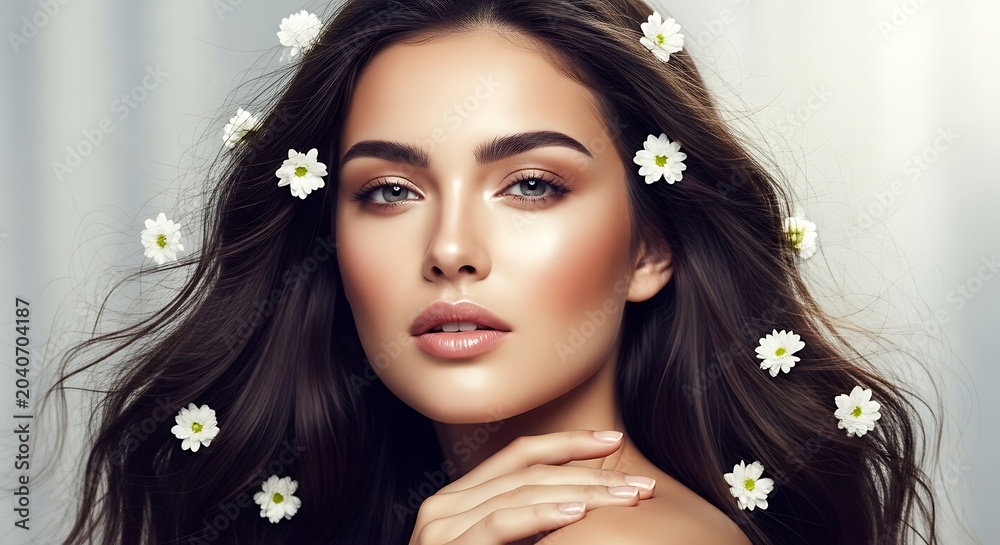 Fototapeta premium Beautiful young woman with long dark hair decorated with white daisies