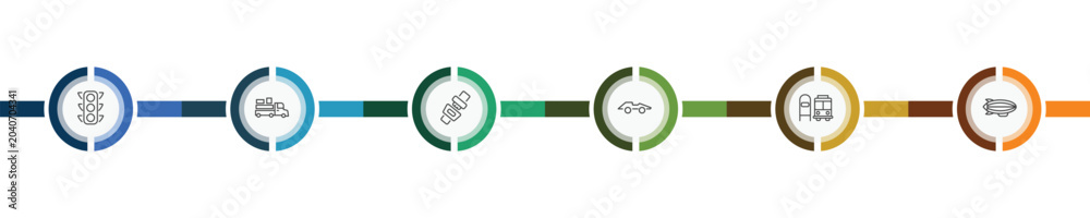 Obraz premium transportation icon set with car traffic, loaded truck side view, scholar bus stop, blimp signs in flat outline style