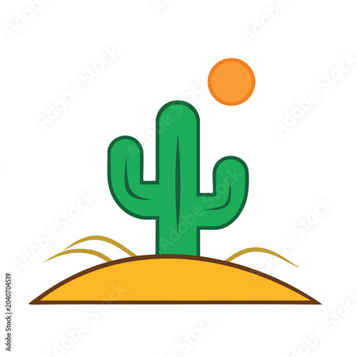 Minimalist vector illustration of a green cactus in a desert landscape.