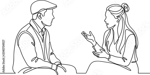 Schilderij op canvas Continuous line drawing of a man and a woman engaged in conversation