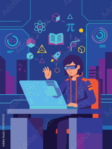 Futuristic developer using immersive holographic displays and virtual reality tools, representing innovation, software creation, digital engineering, and AI technology