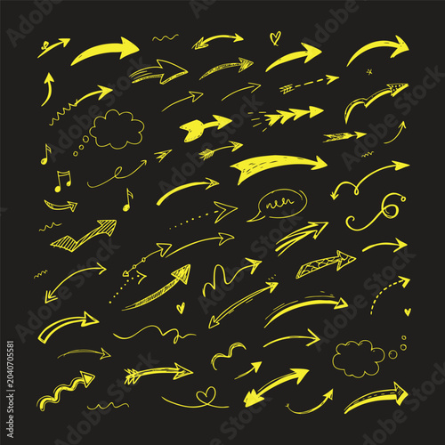 Hand Drawn Yellow Arrows And Doodles On Black Background