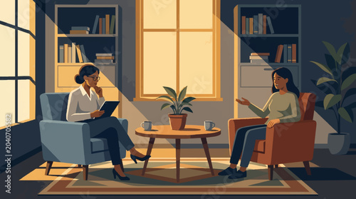 Flat design illustration of mental health therapist listening to, cozy mood
