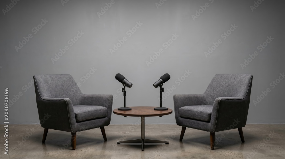 Fototapeta premium A minimalistic podcast setup features two microphones, chairs, and a small table. Concept of broadcasting, media production, creative industry, podcasting visual representation. Generative AI.