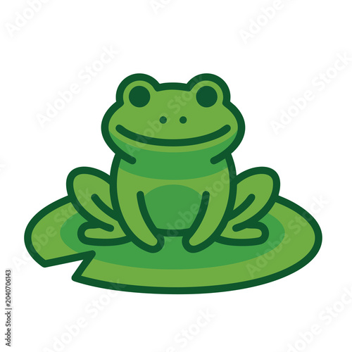 Cute cartoon frog sitting on a green lily pad.
