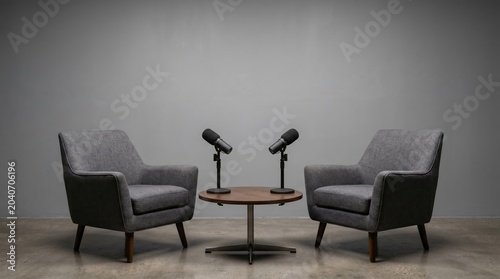 A minimalistic podcast setup features two microphones, chairs, and a small table. Concept of broadcasting, media production, creative industry, podcasting visual representation. Generative AI.