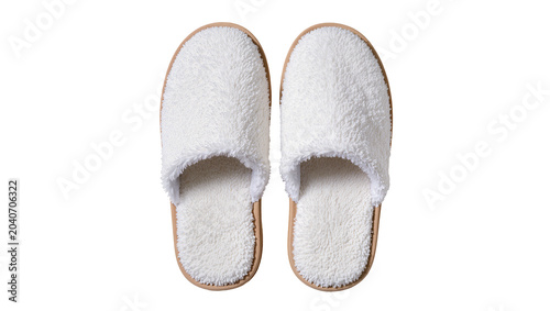 Tableau sur toile Plush white terry cloth slippers with tan soles, isolated on transparent backgro
