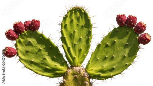 Obraz na plátne Green prickly pear cactus pads with ripe red fruits, isolated on transparent bac