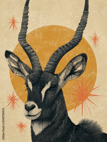 Decorative Black Antelope Illustration In Retro Wildlife Engraving Style