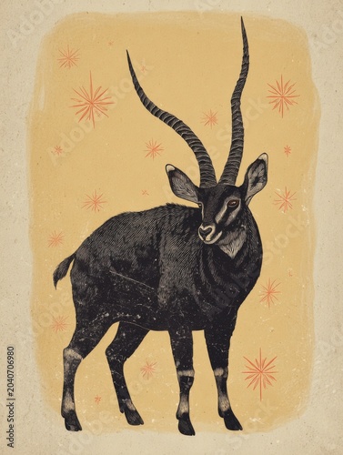 Vintage Black Antelope Illustration with Celestial Background