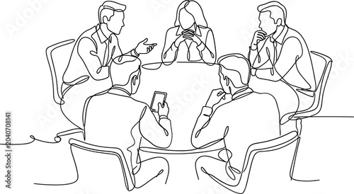 Continuous line drawing of business team having a meeting at a table.