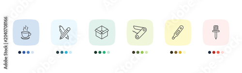 Φωτογραφία tools and utensils icon set with cup of hot coffee, writing tool, body thermomet