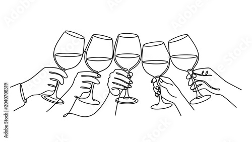 Continuous line art illustration of five hands toasting with wine glasses.