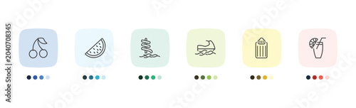 Canvastavla summer icon set with cherries, slice of melon, air mattress, lime juice signs in
