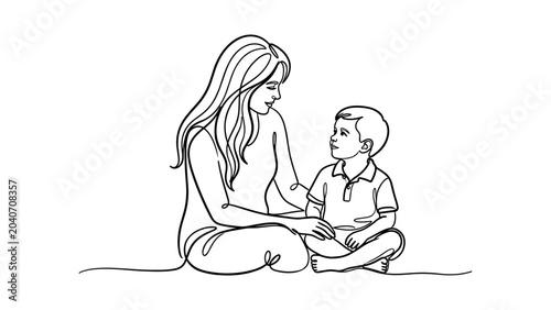 Continuous line drawing of a mother sitting and talking to her young son.