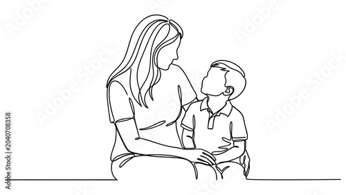 Continuous line drawing of a mother and her young son looking at each other.