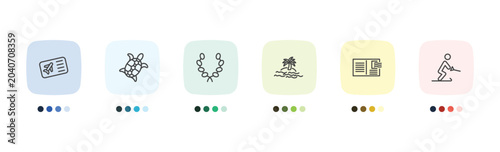 Tableau sur toile summer icon set with plane ticket, sea turtle, postcard, waterski signs in flat