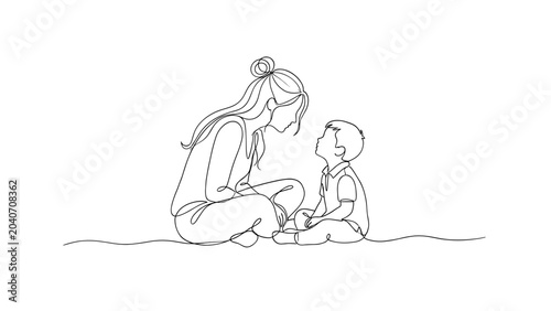 Continuous line drawing of a mother sitting and talking with her young son.