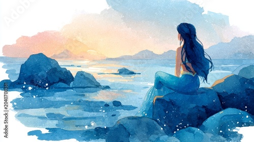 Fantasy Sea Maiden Watching Waves in Coastal Watercolor Scene