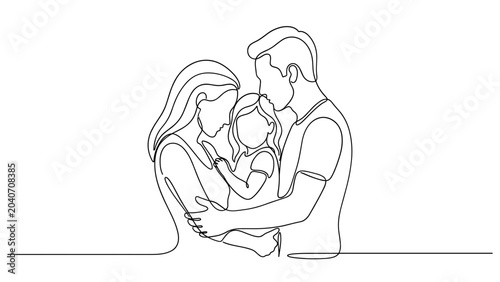 Continuous line drawing of a happy young family with a daughter.