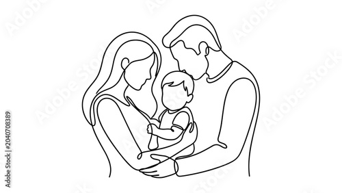 Continuous line drawing of a happy young family with a baby.