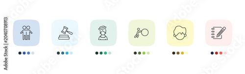 people and relation icon set with brothers, judge with hammer, facial hair, pencil and notebook signs in flat outline style