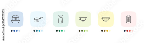 Fotografie kitchen icon set with squeezer, frying pan, nder, trash signs in flat outline st