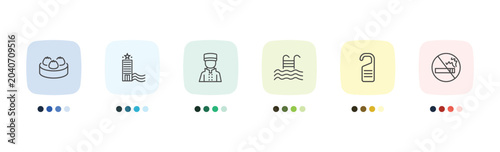 Bild auf Leinwand hotel and restaurant icon set with dim sum, beach hotel, door hanger, no smoking