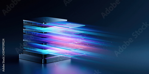 Data transfer concept with glowing stacked servers and neon light trails suggesting fast network