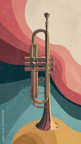 Stylized Brass Trumpet Artwork on Colorful Mid Century Abstract Background