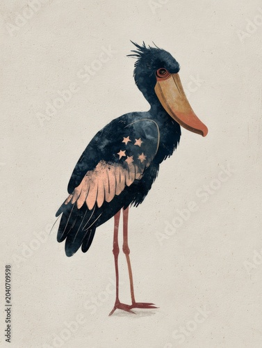 Stylized Shoebill Bird Illustration with Celestial Feather Pattern Design
