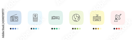 Foto hardware and equipment icon set with fm radio, computer case, keyboard wire, par