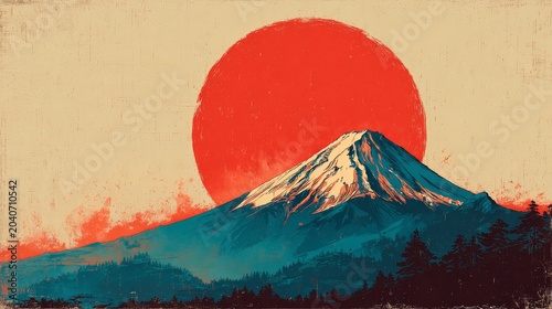 Vintage Japanese ukiyo-e style poster illustration, dramatic mountain landscape with rising sun, bold flat colors