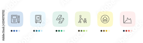business and finance icon set with workbook, big safe, business card, smooth line chart signs in flat outline style