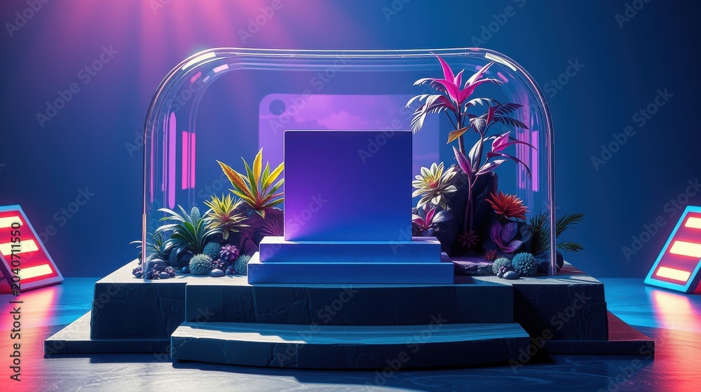 Obraz premium Vibrant display pedestal. Lush plants surround central blue cube. Neon lights illuminate futuristic scene. Dramatic lighting creates depth.