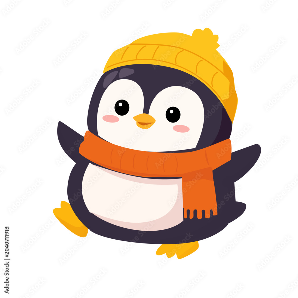 Fototapeta premium Cute Winter Penguin with Scarf and Beanie Hat Vector