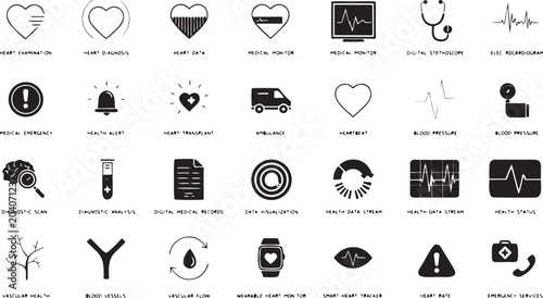Collection of cardiology and healthcare icons on white background