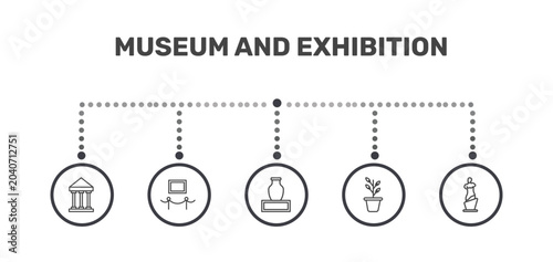 Konstfotografi museum and exhibition icon set with antic architecture, exhibit, botanical, venu