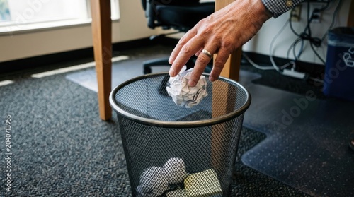 Hand disposing of crumpled paper in office trash can