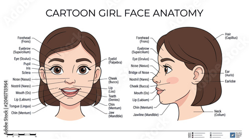 Cartoon Girl Face Anatomy Diagram: Front and Side Views