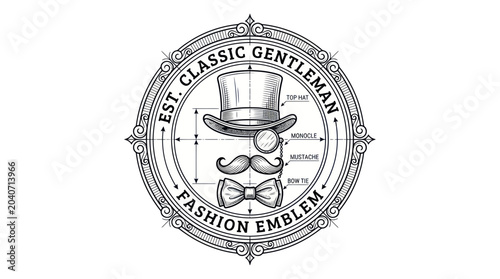 Classic Gentleman Fashion Emblem with Top Hat, Monocle, Mustache, and Bow Tie