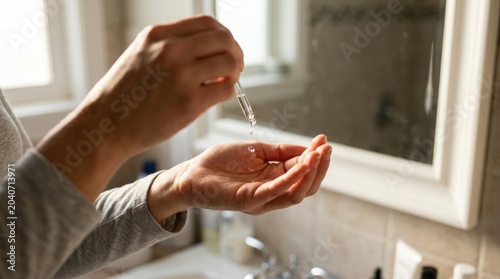 Woman applying serum or oil to her hand from a dropper in a bathroom