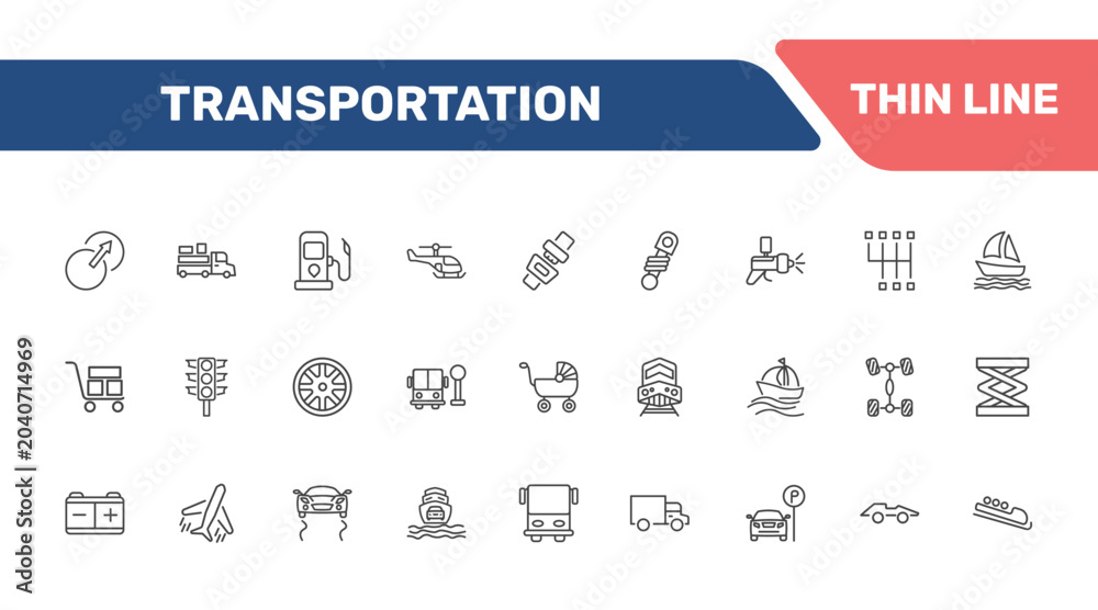 Obraz premium transportation icon set with transition, loaded truck side view, petrol station, lifter signs in flat outline style