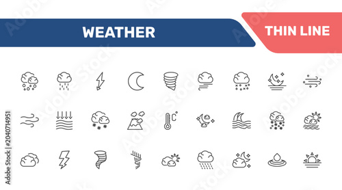 Cuadro en lienzo weather icon set with rainy day, steady rain, thunderbolt, calm signs in flat ou