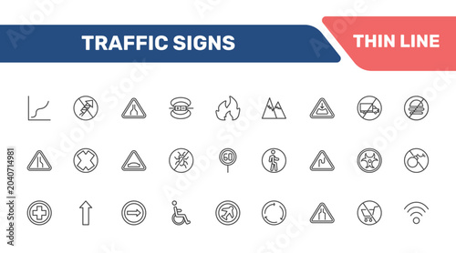 traffic signs icon set with curves, no fireworks, narrow road, no bombs signs in flat outline style