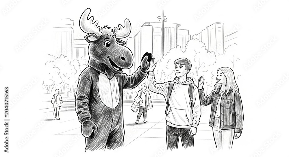 Fototapeta premium Friendly Moose Mascot Greeting People in Urban Setting Sketch.