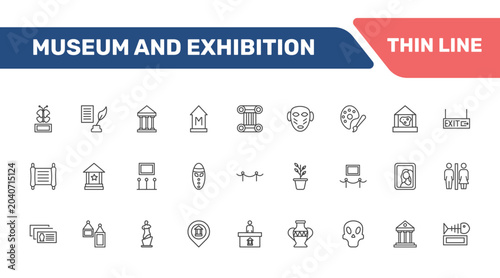 Fotografie museum and exhibition icon set with butterfly, poetry, antic architecture, restr