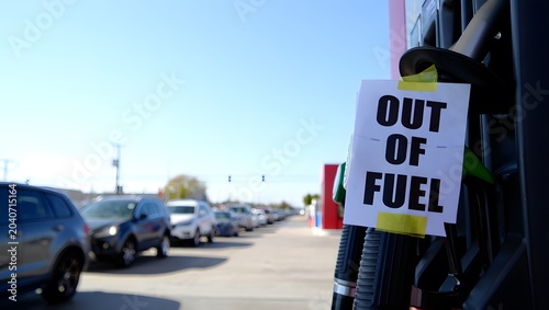 Bild auf Leinwand Out of Fuel Sign at Gas Station with Vehicles Waiting in Line