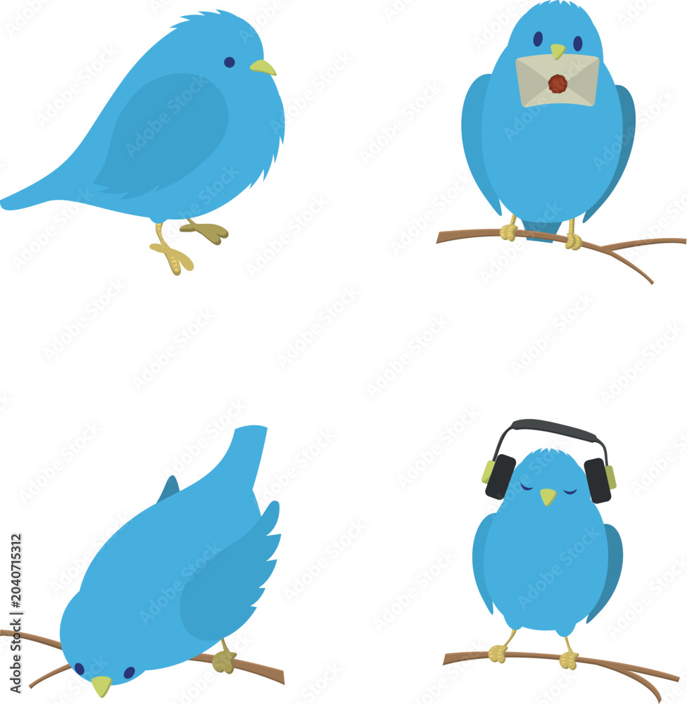 Fototapeta premium Blue bird character cartoon set illustrating various actions related to social media and communication