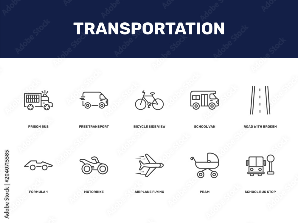 Naklejka premium transportation icon set with prison bus, free transport, bicycle side view, school van signs in flat outline style